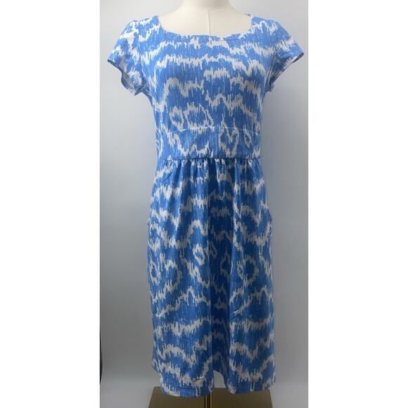 J Mclaughlin Dress Size Small Blue White Print Square Neck Pockets - Picture 1 of 7